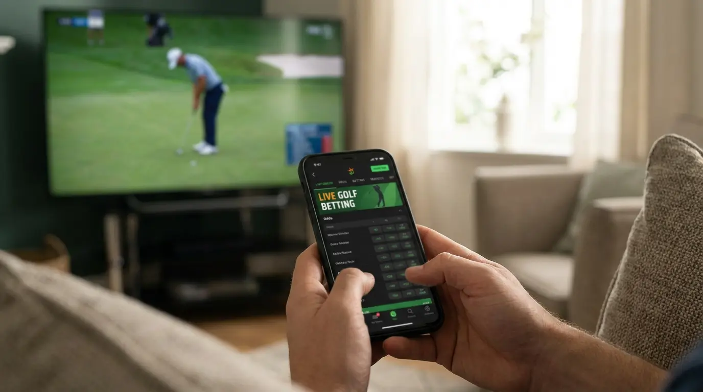 Person följer golfturnering via mobiltelefon med liveodds på skärmen